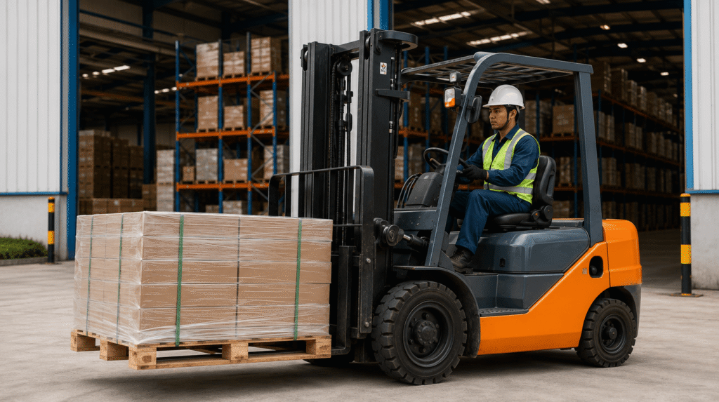 Forklift di area gudang untuk pemeriksaan safety sebelum operasional