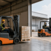 Forklift elektrik di dalam gudang dan forklift diesel di loading=