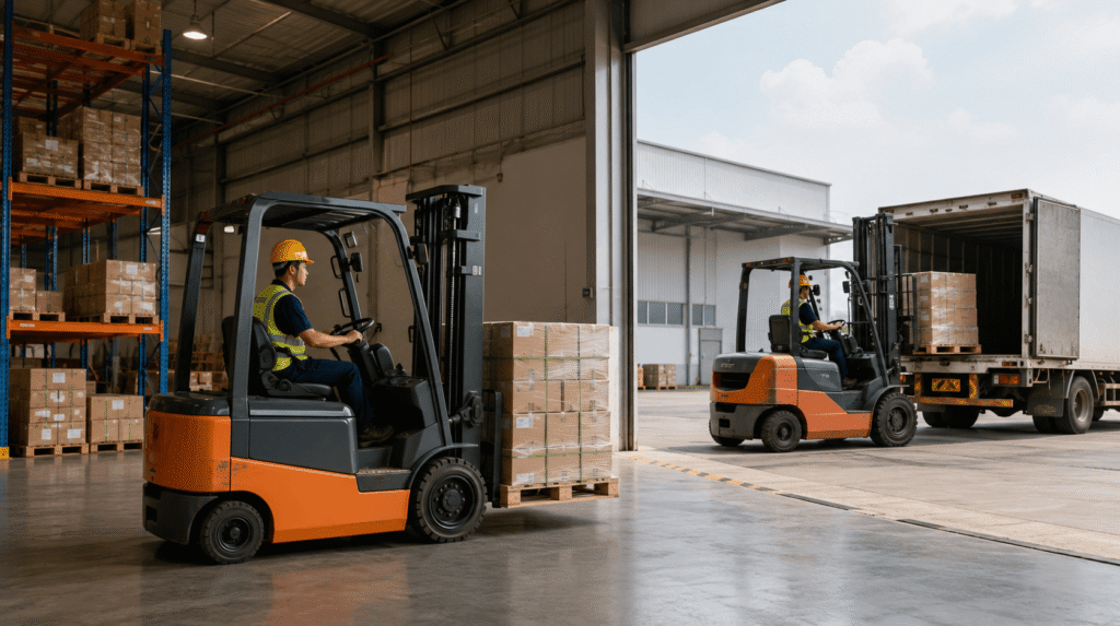 Forklift elektrik di dalam gudang dan forklift diesel di loading=
