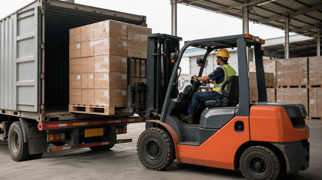 Forklift memindahkan pallet barang di area bongkar muat dan distribusi
