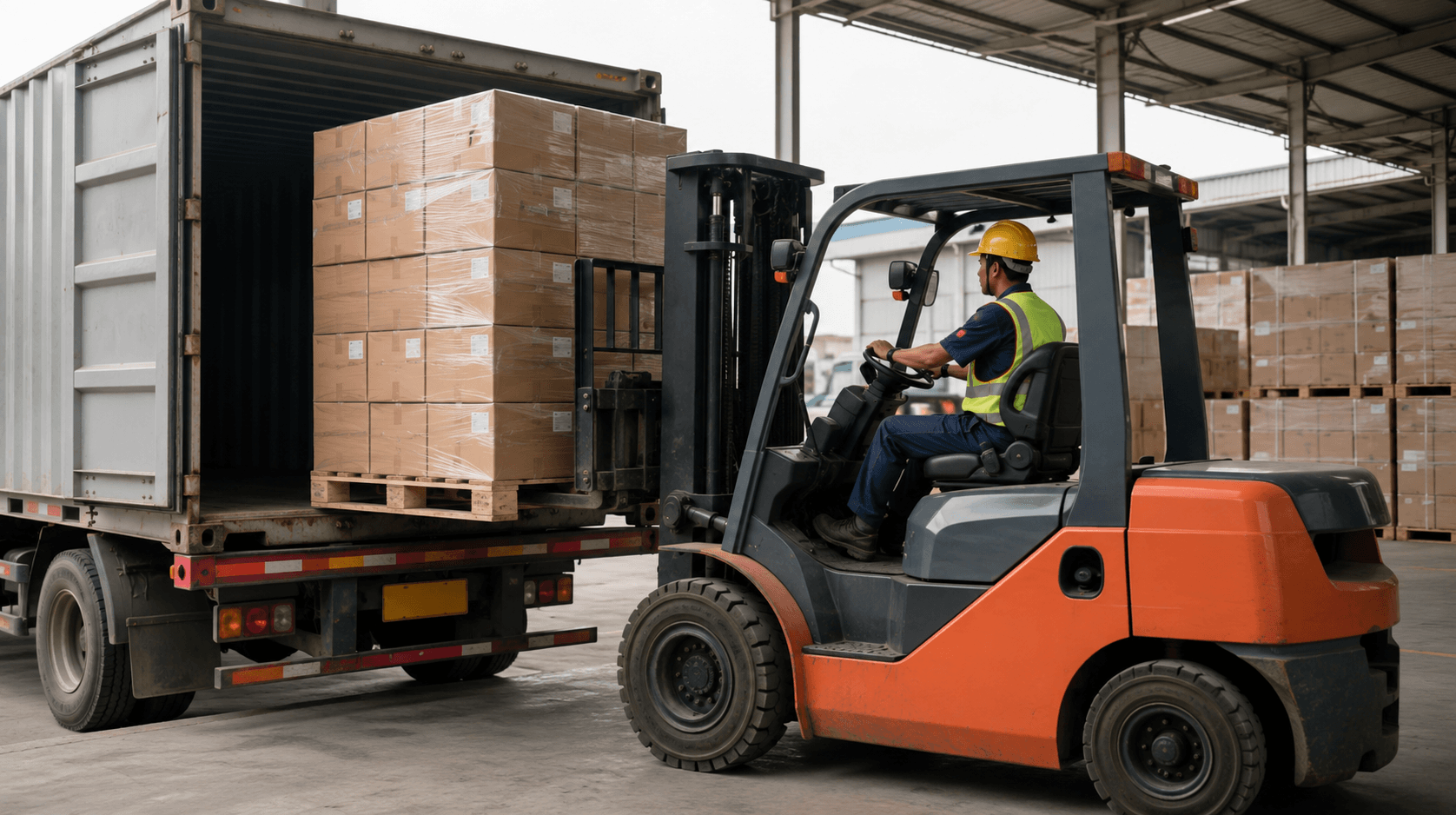 Forklift memindahkan pallet barang di area bongkar muat dan distribusi