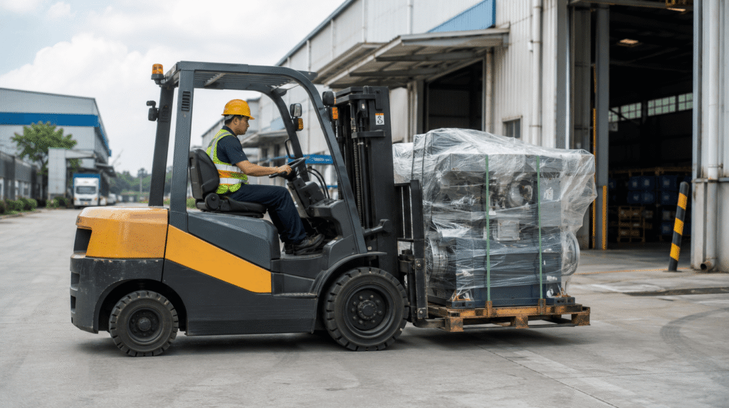 Forklift memindahkan material di area pabrik Cikande