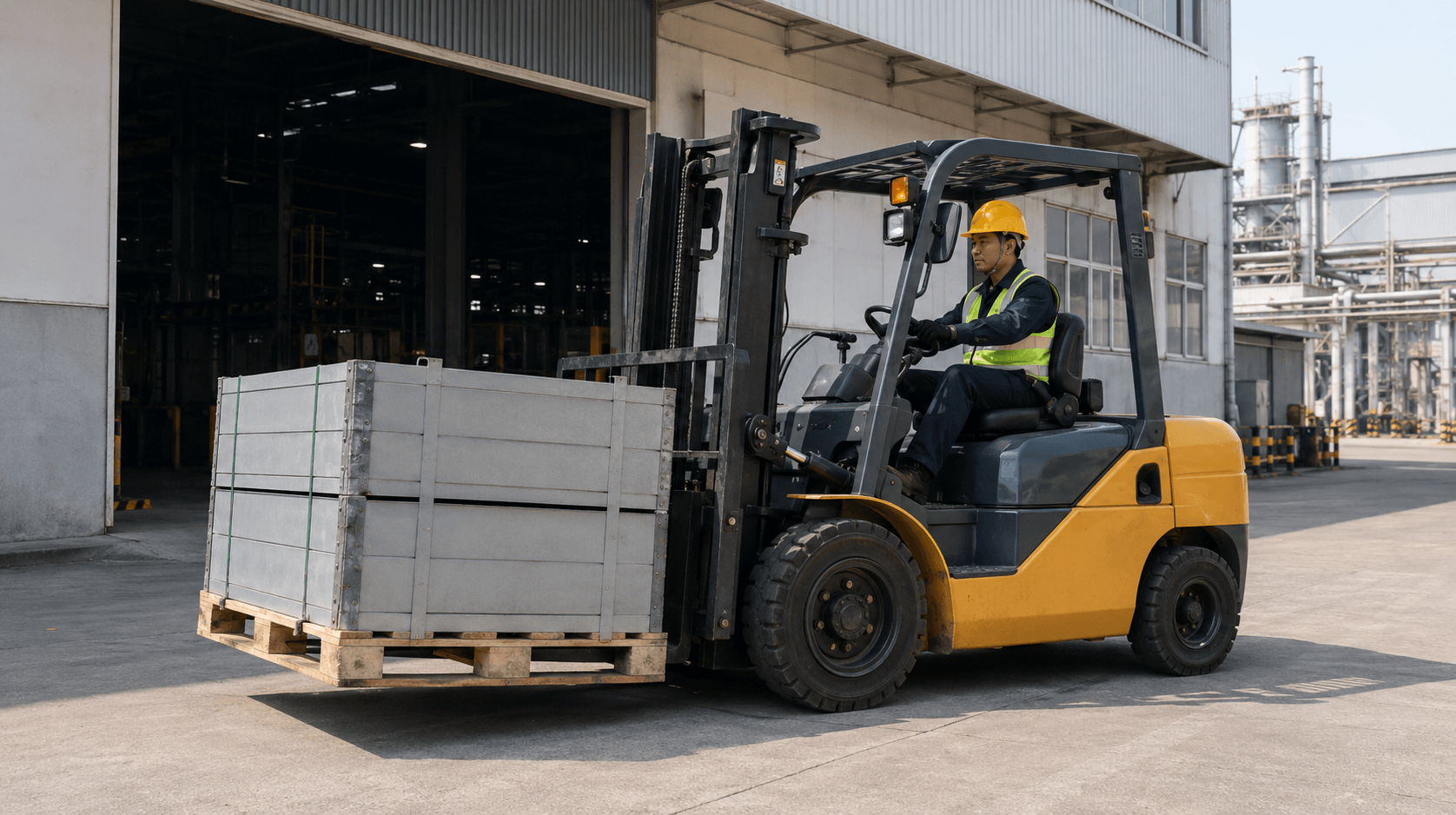 Forklift diesel memindahkan material di area pabrik Serang