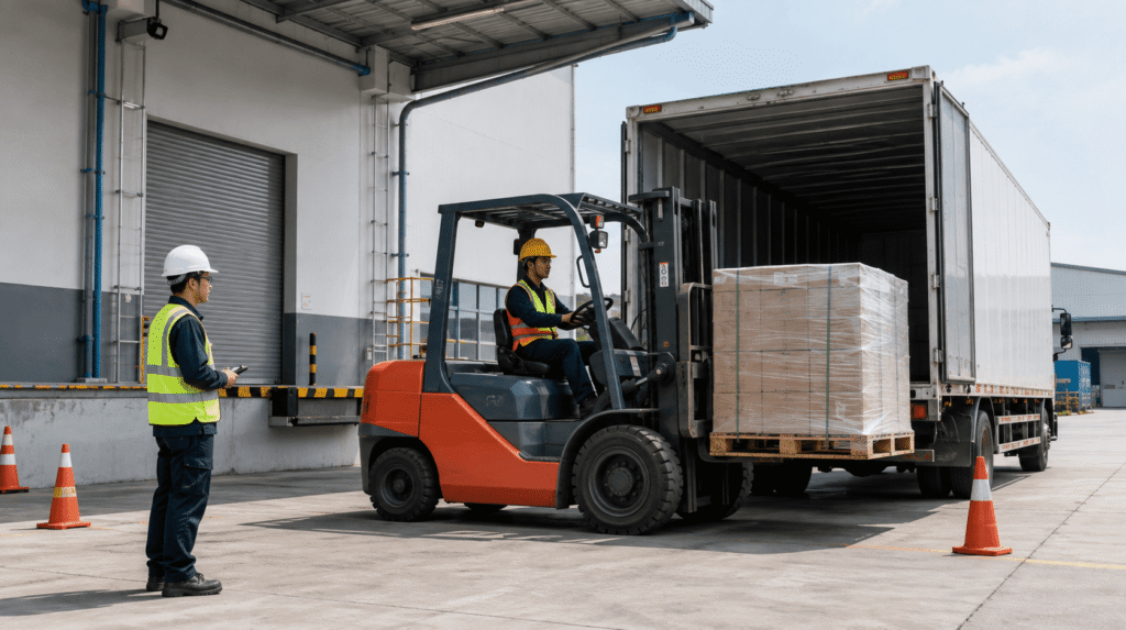 Forklift melakukan bongkar muat pallet di area pabrik Tangerang