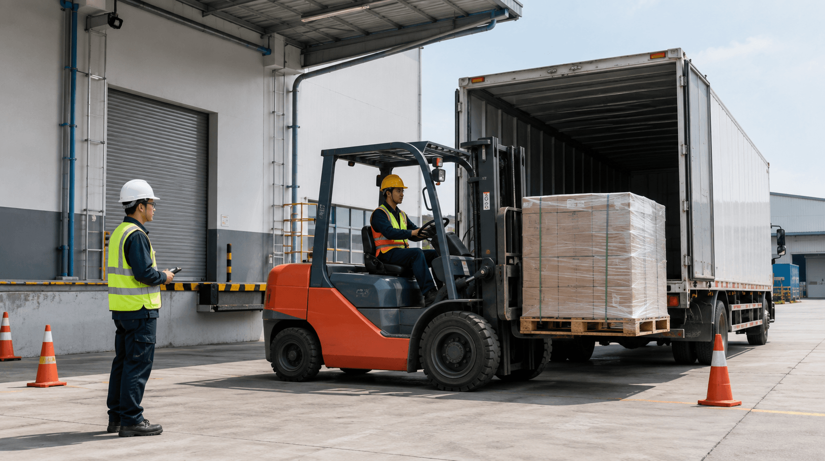 Forklift melakukan bongkar muat pallet di area pabrik Tangerang