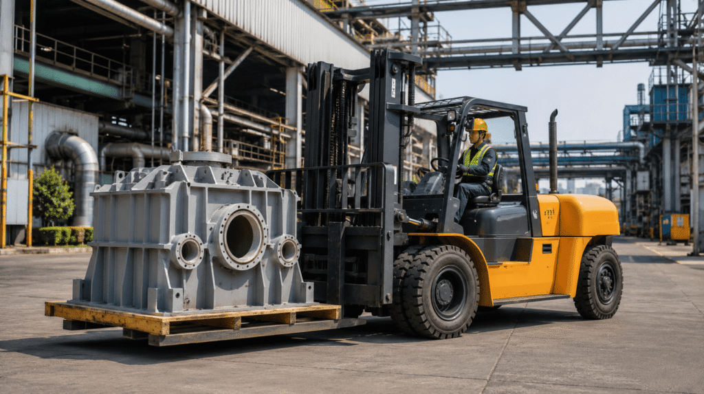 Forklift heavy duty memindahkan material industri di area Cilegon