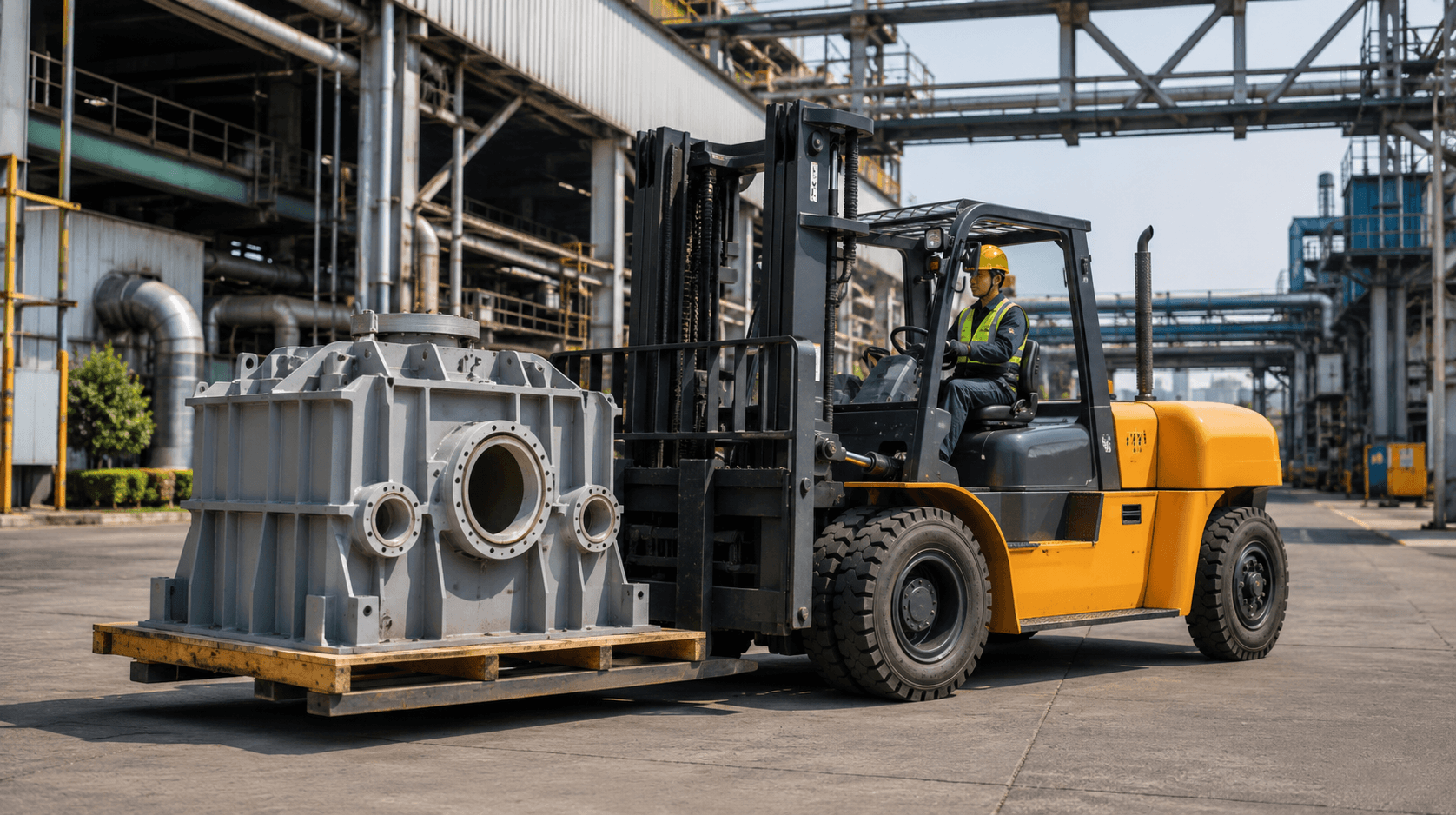 Forklift heavy duty memindahkan material industri di area Cilegon